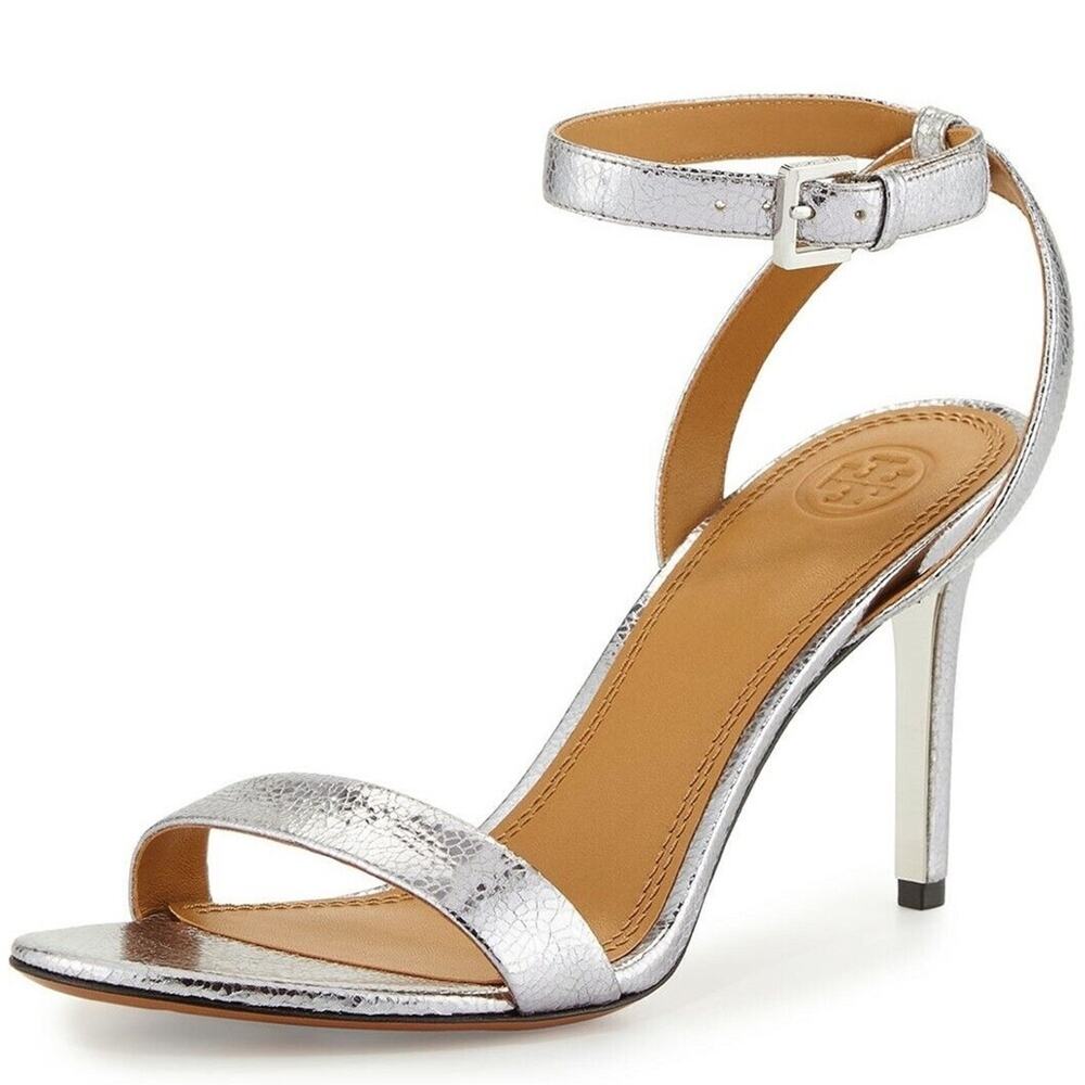 Tory Burch Elana Silver AnkleWrap Heels Size 5.5